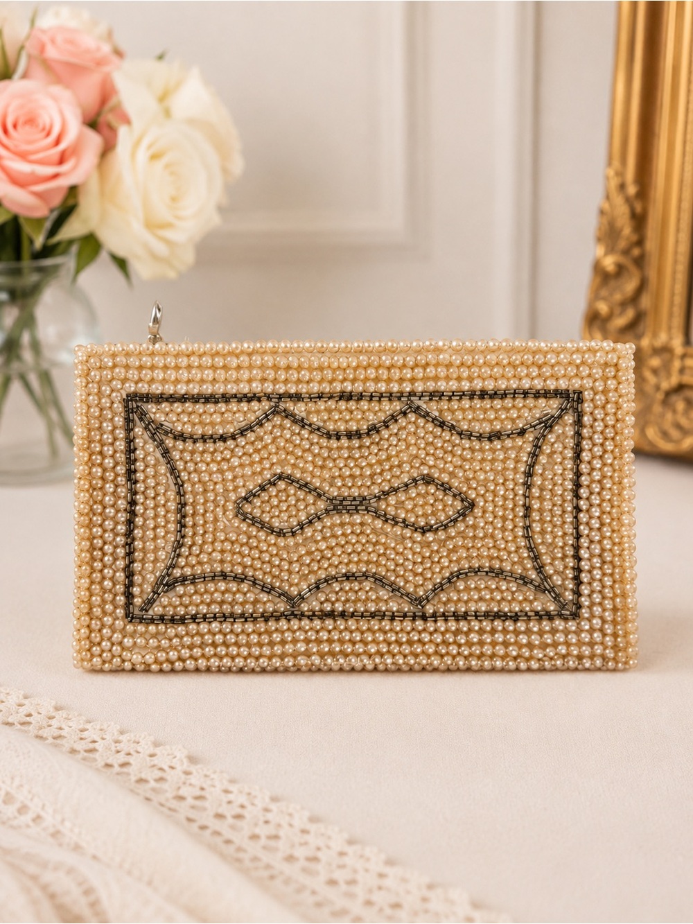 Vintage Gala Made in Japan Pearl Beaded Evening Clutch Art Deco Formal Bag